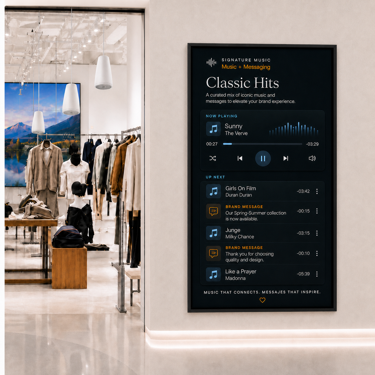 Retail store with white Bose loudspeakers and a display with music and brand messages